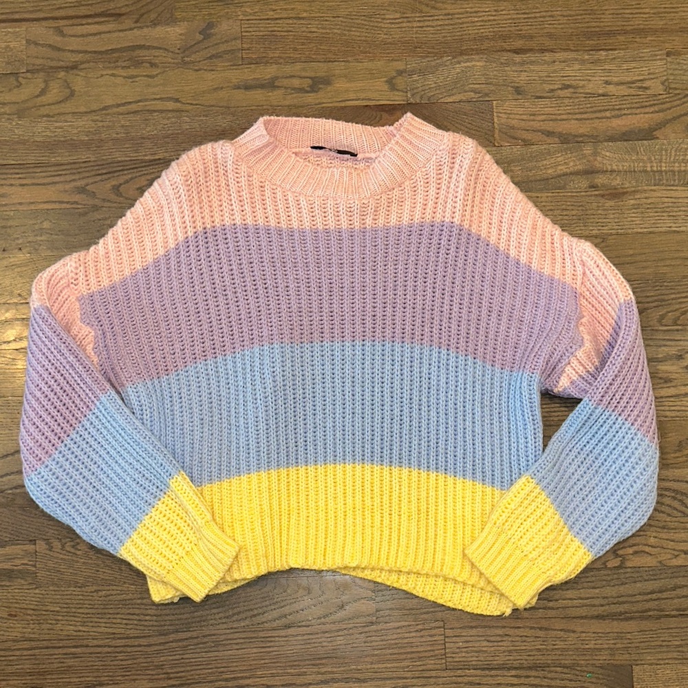 Pastel Striped Crewneck Sweater - Pink, Purple, Blue & Yellow